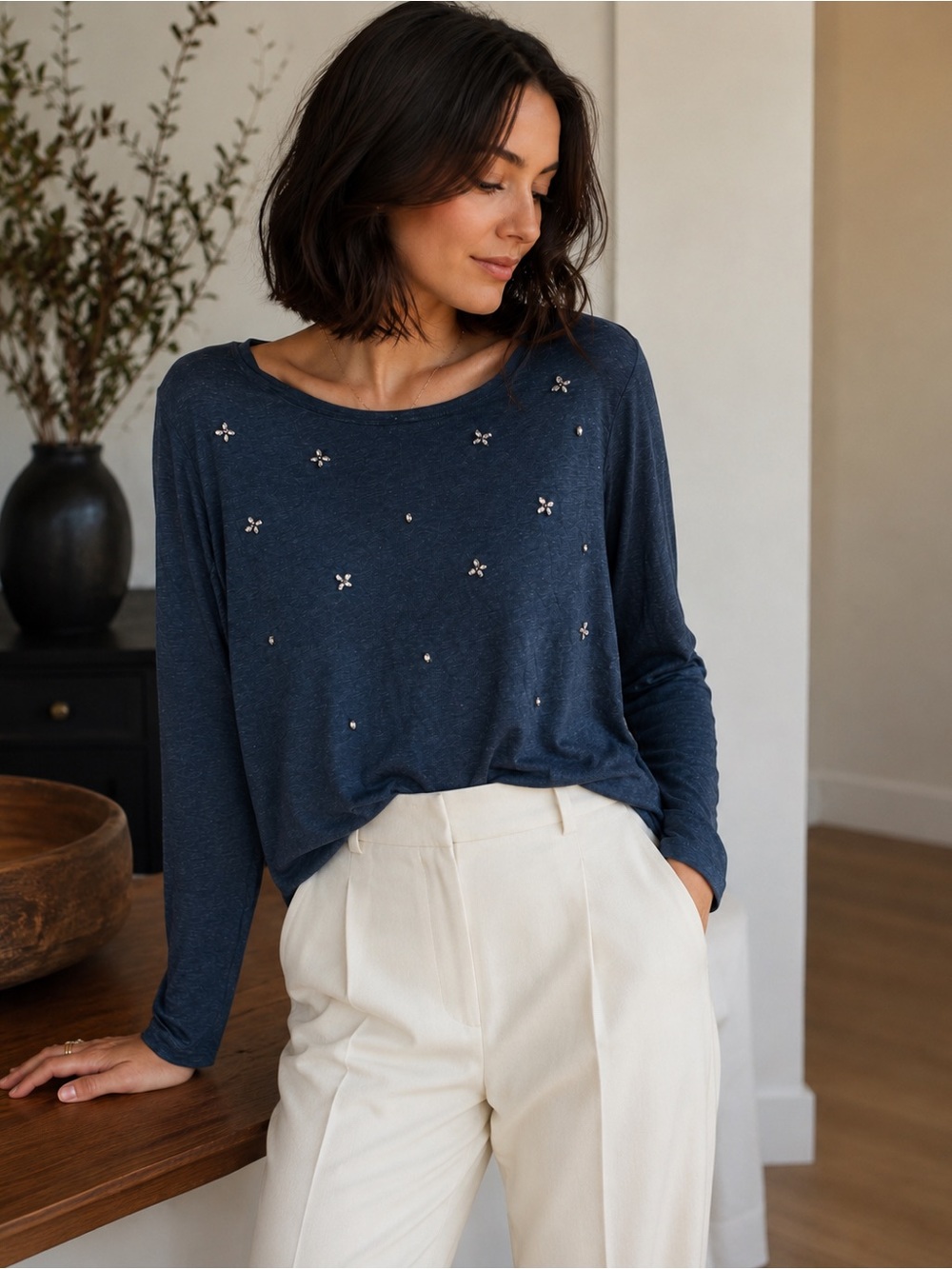 Massimo Dutti Slate Blue Crystal Embellished Long Sleeve Top XL sweater
